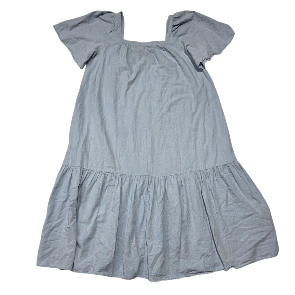 ZARA Dress Women‎ M-L Blue Cotton Linen Blend Tiered Ruffle Short Sleeve Casual